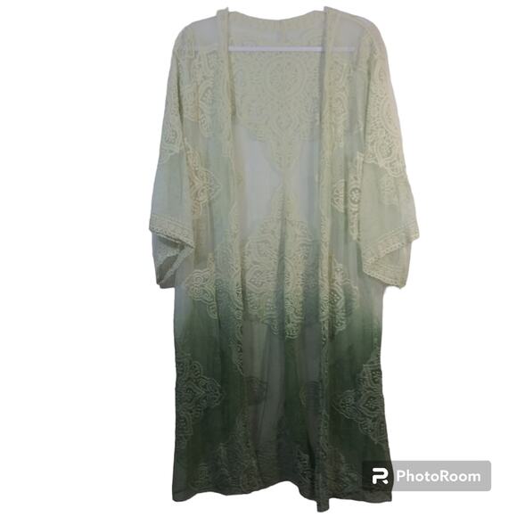 WILD LOVE OMBRE DIP DYED LACE BOHEMIAN KIMONO - SAGE Size OS - Picture 1 of 8